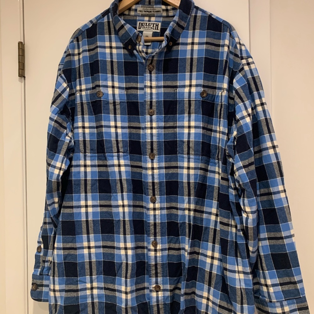 Duluth Trading Co Men's Navy and White Flannel Plaid Shirt, Size 2XL
